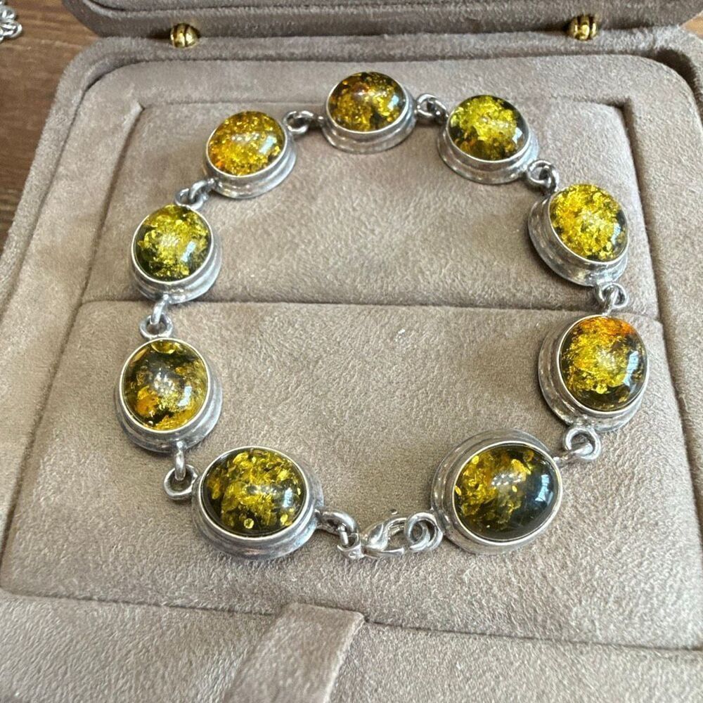 Handmade sterling green yellow amber stone bracelet signed v-8